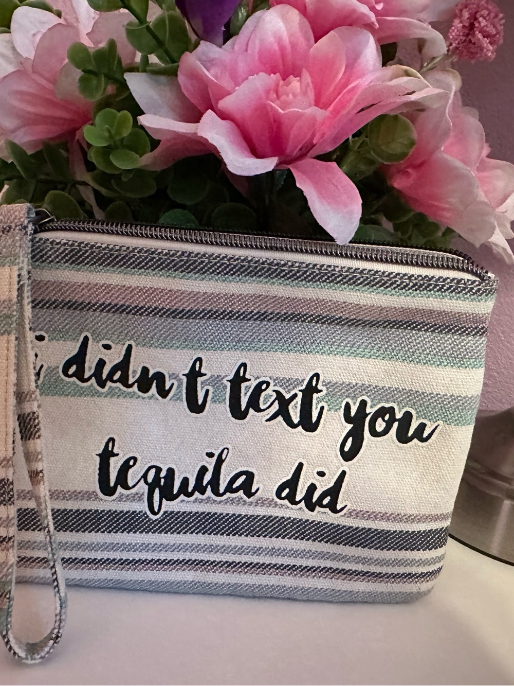 Maurices Cream Canvas Zip Pouch with Mint and Pink Stripes